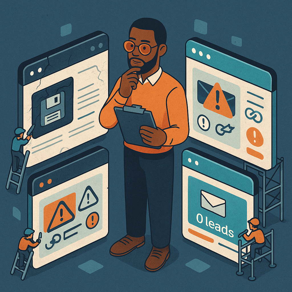 Business owner reviewing website problems: warning icons, a broken link, and zero leads