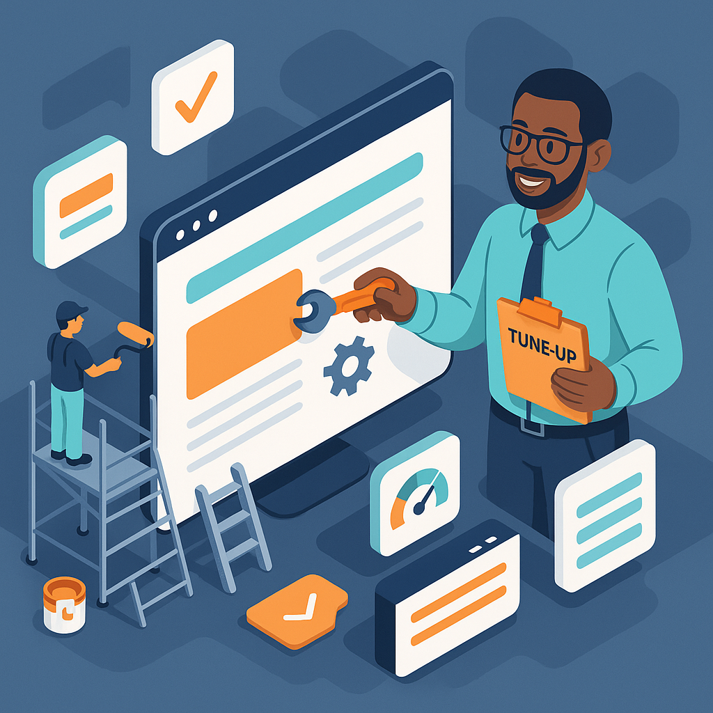 Website tune-up scene with a speed gauge and workers refreshing an existing site
