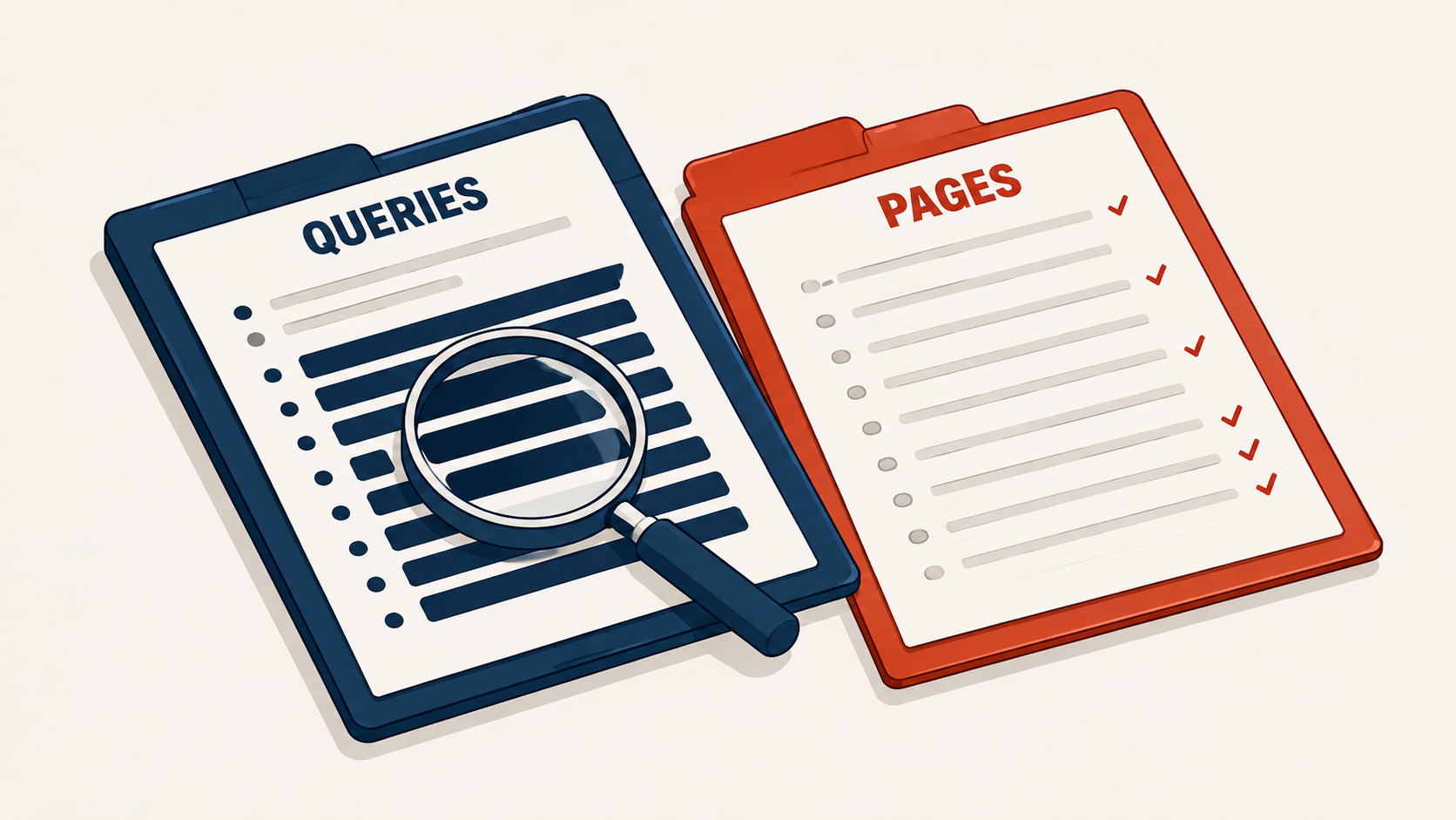 A Search Console queries report with rows redacted beside a complete Analytics pages report of the same data