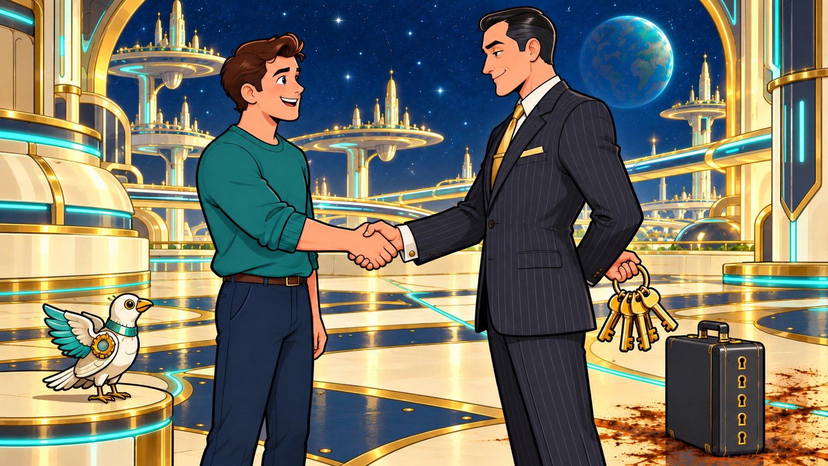 A business owner shakes hands with an agency figure holding a ring of keys behind his back.