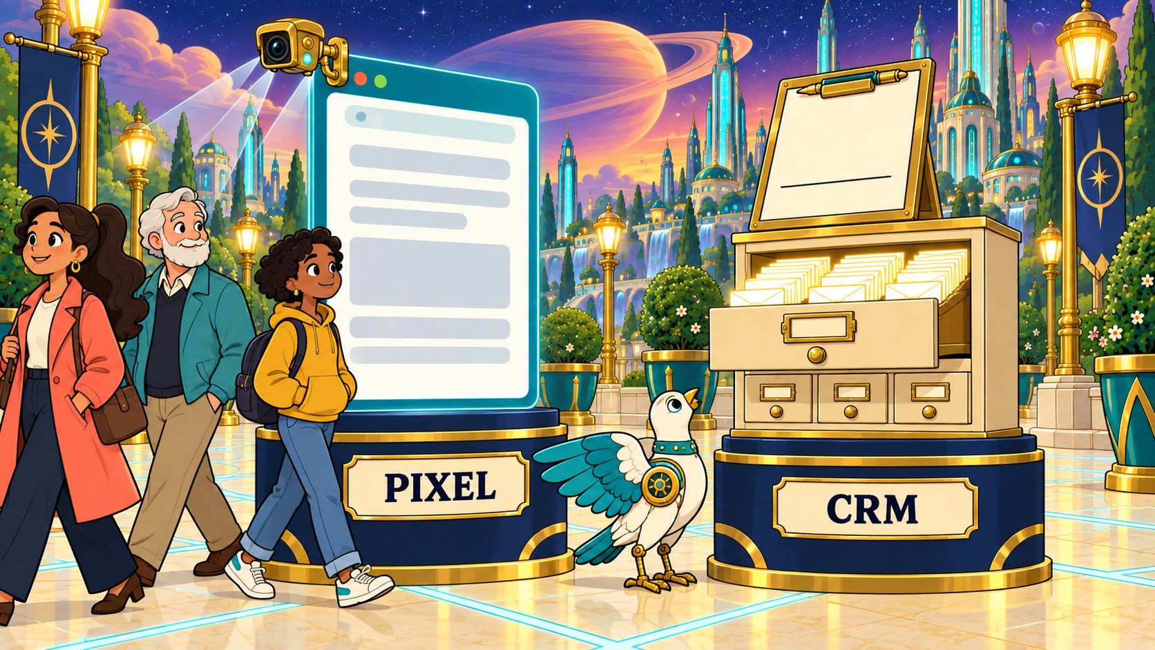 A browser window stands on a plinth labeled PIXEL with a brass camera clamped to its top edge, watching three people walk past without stopping. Beside it a card index cabinet on a plinth labeled CRM is packed with envelope cards, and the clipboard resting on top has an empty signature line. A mechanical dove stands between them looking up at that empty line.