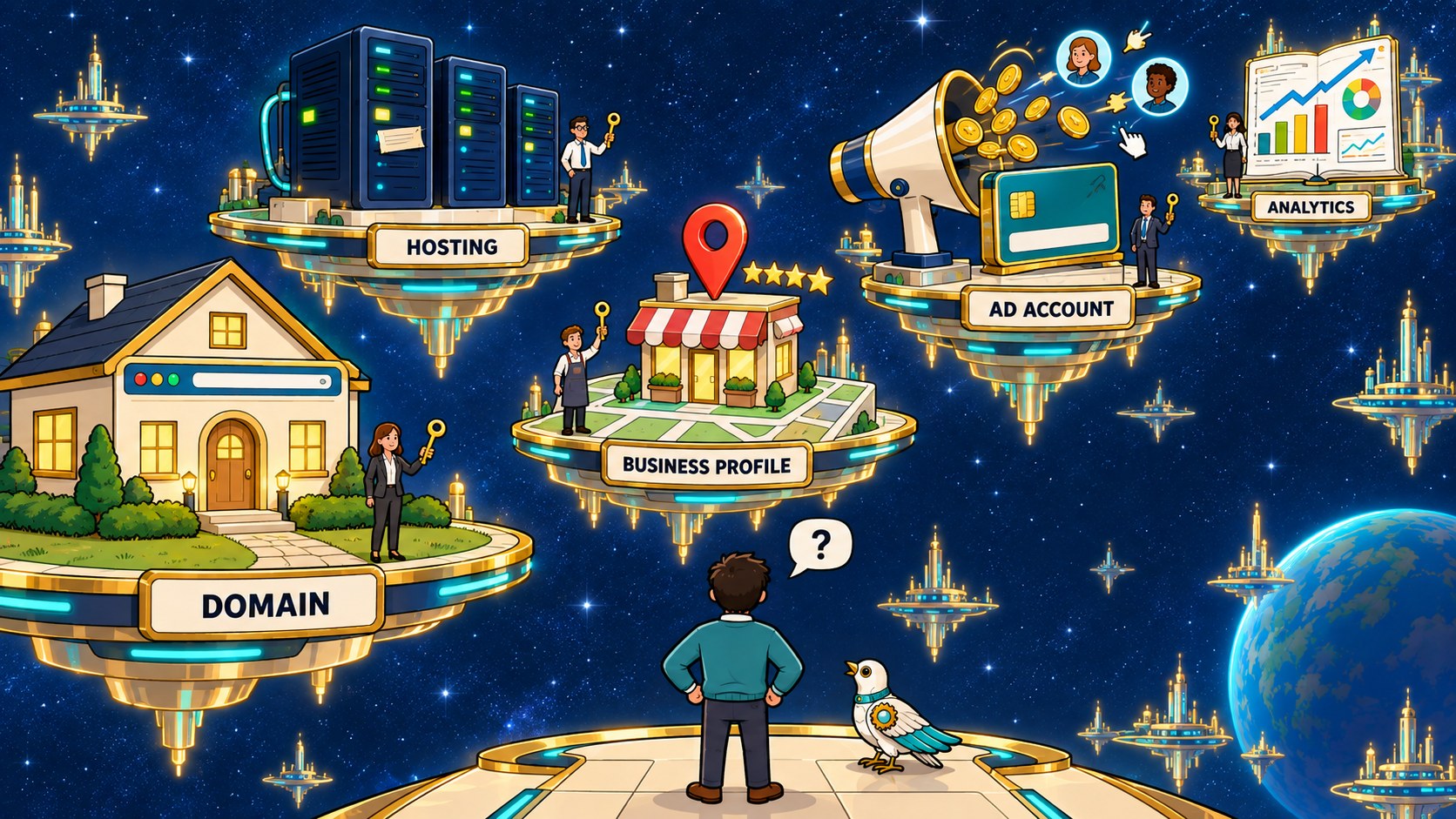 Five website accounts on five pedestals at five companies: domain, hosting, Business Profile, ad account, analytics.