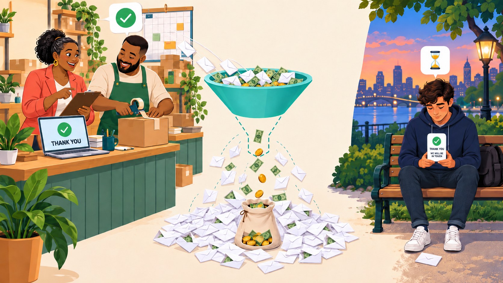 A thriving shop funnels leads into envelopes of cash while one customer waits alone at dusk with an hourglass.