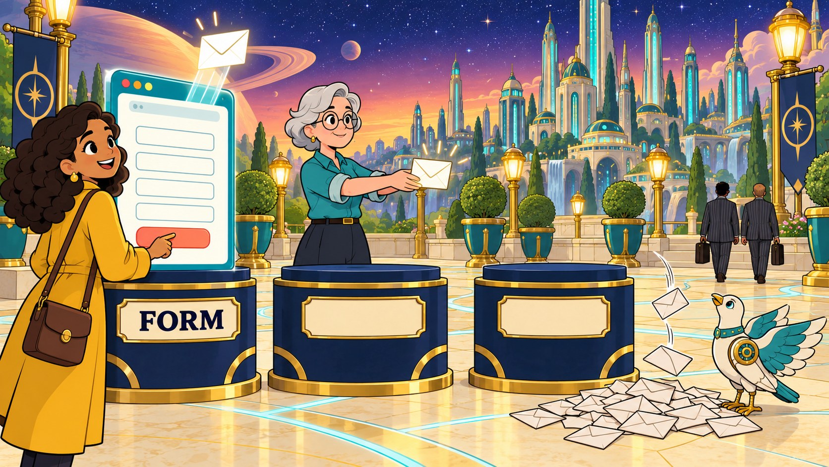 A customer presses the send button on a web form and a glowing envelope rises out of it. A woman holds that envelope out toward the next stand along, and the stand is empty with nobody on it. Dropped envelopes lie unnoticed on the ground.