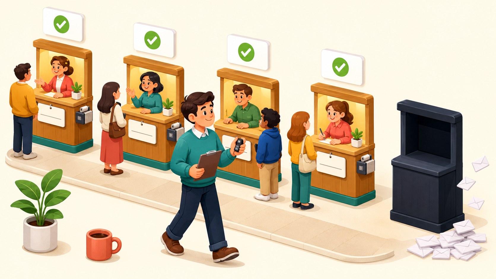 Four staffed counters with green ticks, a man with a clipboard walking the line, one dark booth spilling envelopes.