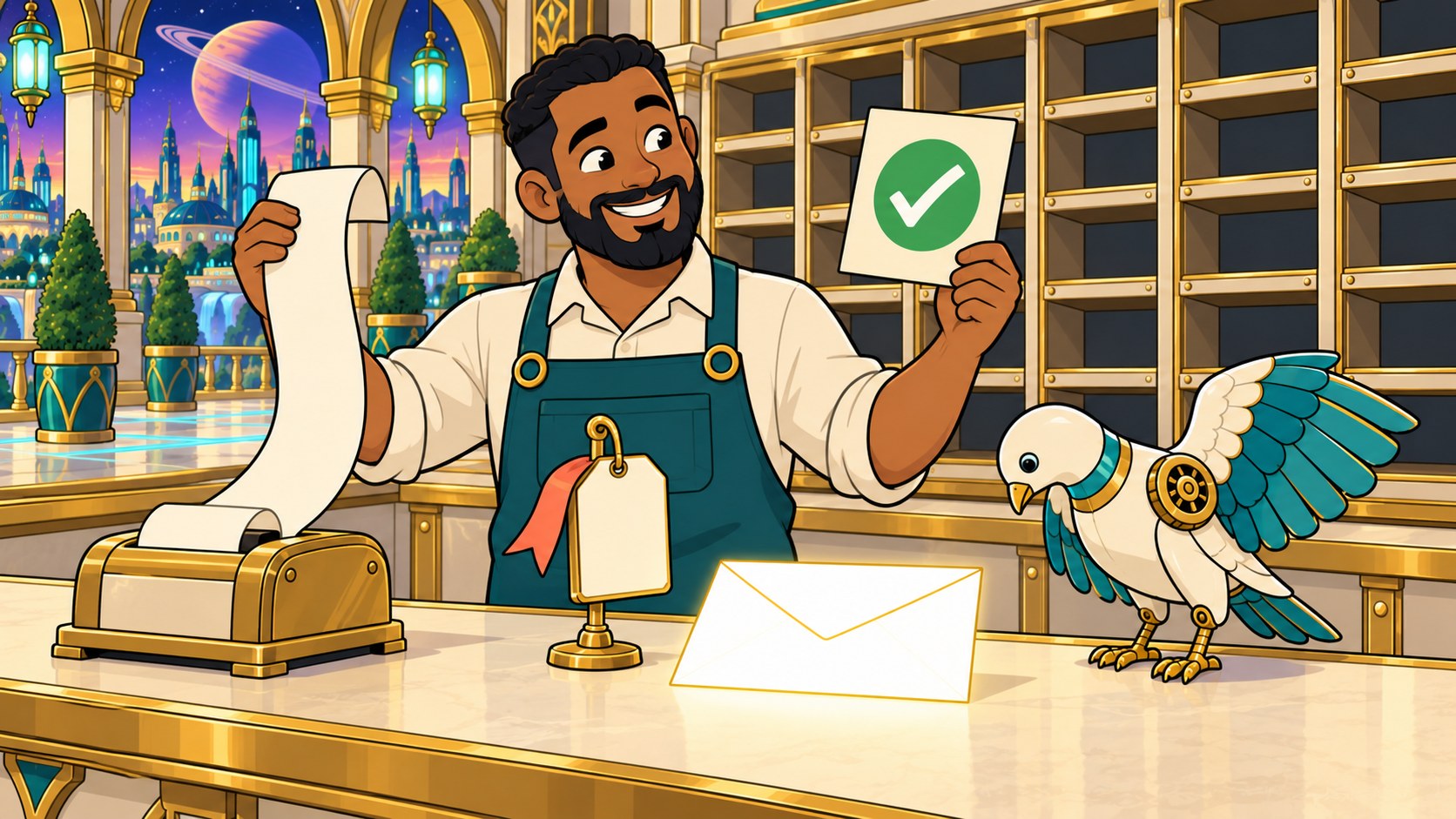 A postal clerk beams and holds up a long printed receipt in one hand and a card carrying a large green tick in the other, with a coral delivery label clipped to a stand beside him. On the counter in front of him one glowing envelope lies exactly where it was put down, and the pigeonholes behind him are all empty.