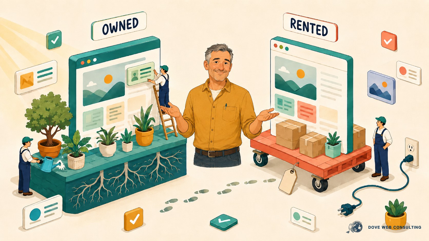 Illustration of a rented landing page going dark the day the ad budget stops, beside a page you own.