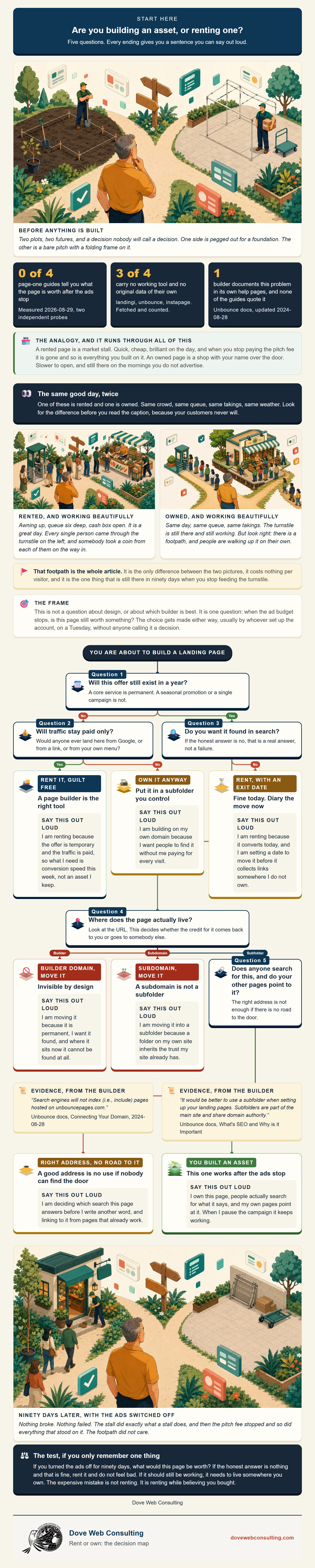 Decision map infographic: five questions and seven endings for whether to rent or own a landing page.