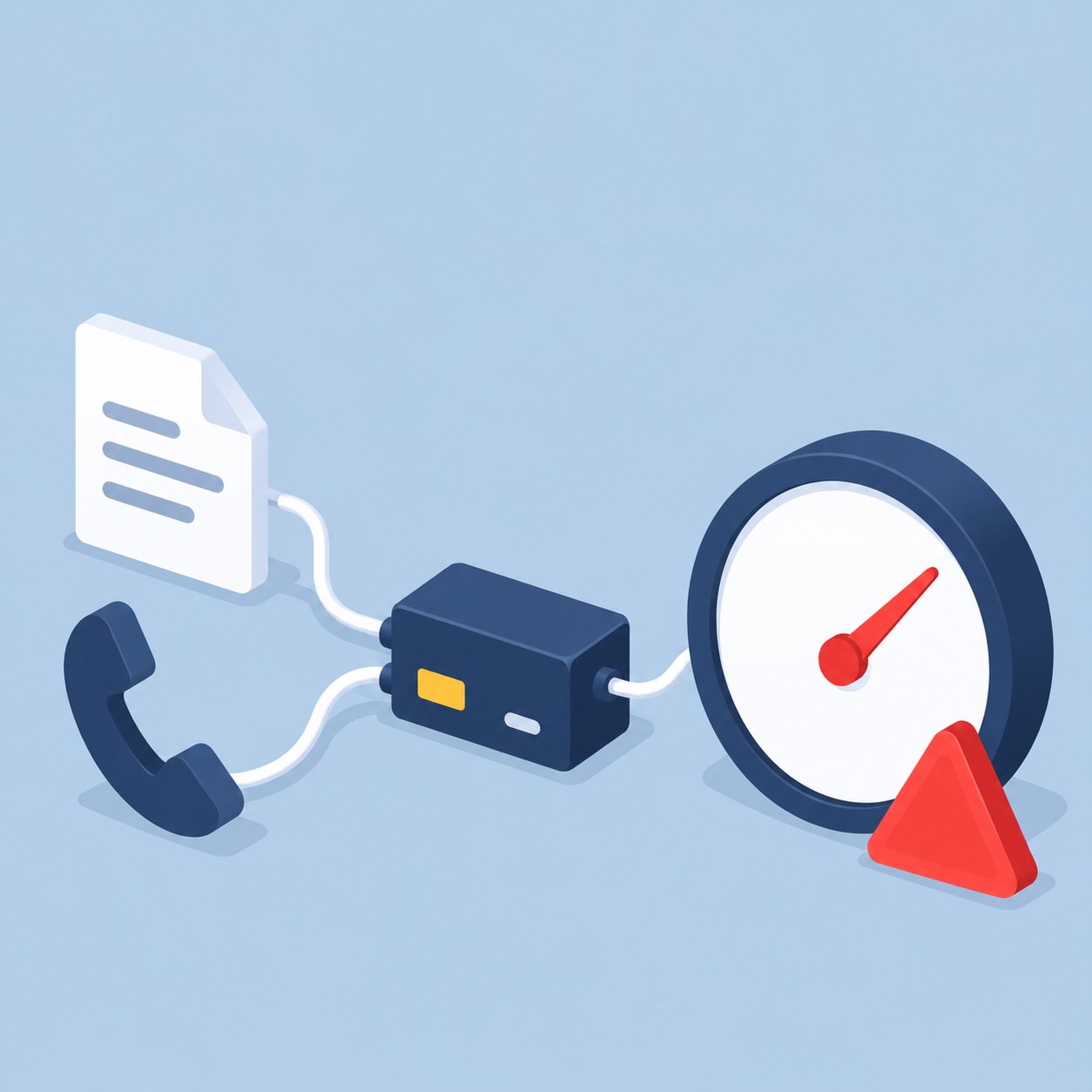 A form and a phone wired into one tag box that feeds a single counter dial, with a red warning triangle beside it.