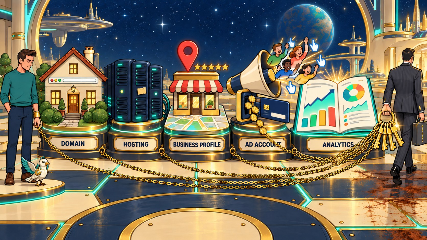 Website ownership infographic: an owner watches five labeled accounts chained together.